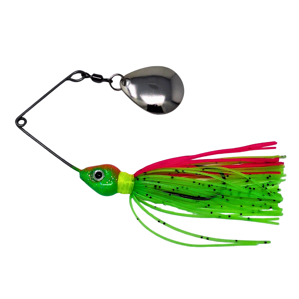 Fishing lure with green and pink body on a white background